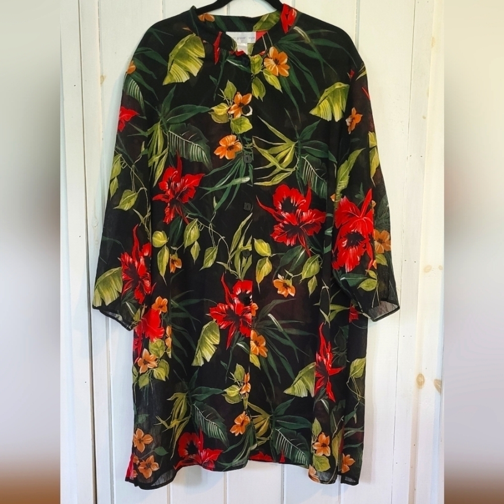 Susan Graver Tropical Print Sheer Button Front Tunic Cover-up